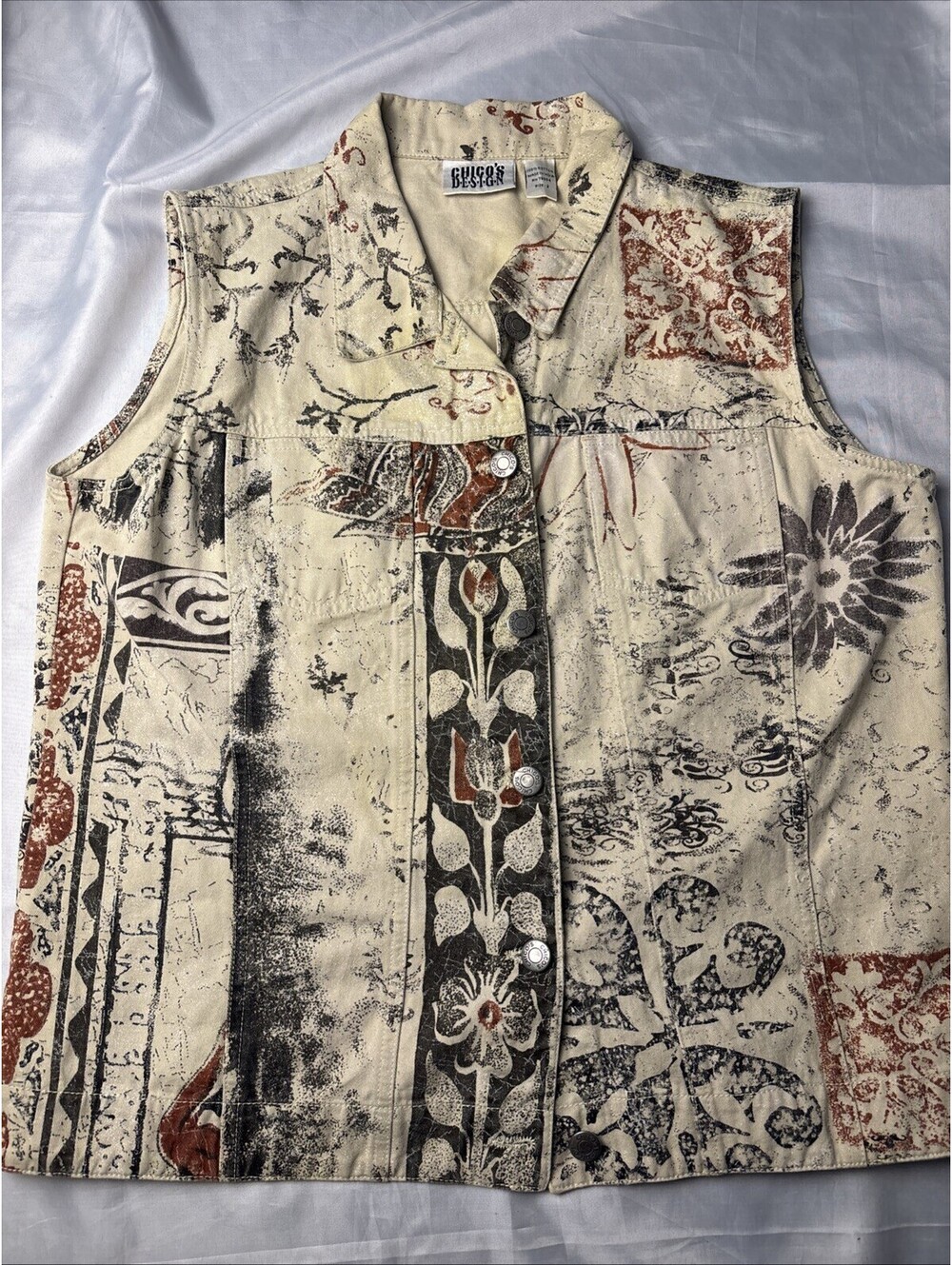 Chicos Design Denim Abstract Plants Vest Size 2